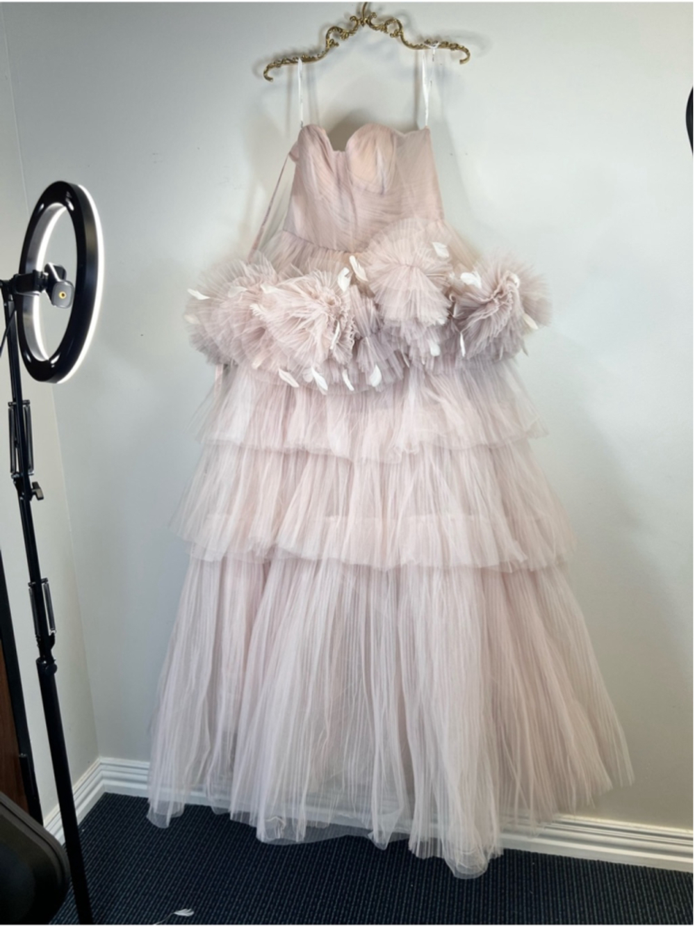 NWT Mac Duggal Strapless Feather-Trim Tiered Tulle Gown - Blush #20572 Size 12 - Picture 5 of 8